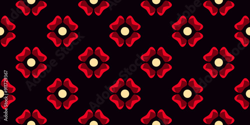 Medieval floral pattern seamless background stylized design. Abstract flower royal rose motif vintage decorative ornament. Colorful geometric flower shapes allover print block. Digital illustration.