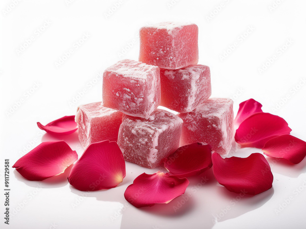 Turkish Delight with Rose Flavor and with rose petals on white background isolated, close up rose Turkish Delight. Turkish Delight with Rose Flavor and with rose petals on white background isolated, close up rose Turkish Delight.