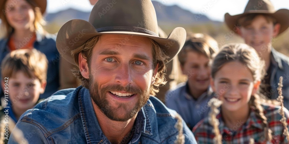 Family Ecotourism, Smiling man in cowboy hat with children in background, outdoor group portrait. Concept: family, rural life, outdoors, adventure, teamwork, bonding, countryside, family life Family Ecotourism, Smiling man in cowboy hat with children in background, outdoor group portrait. Concept: family, rural life, outdoors, adventure, teamwork, bonding, countryside, family life