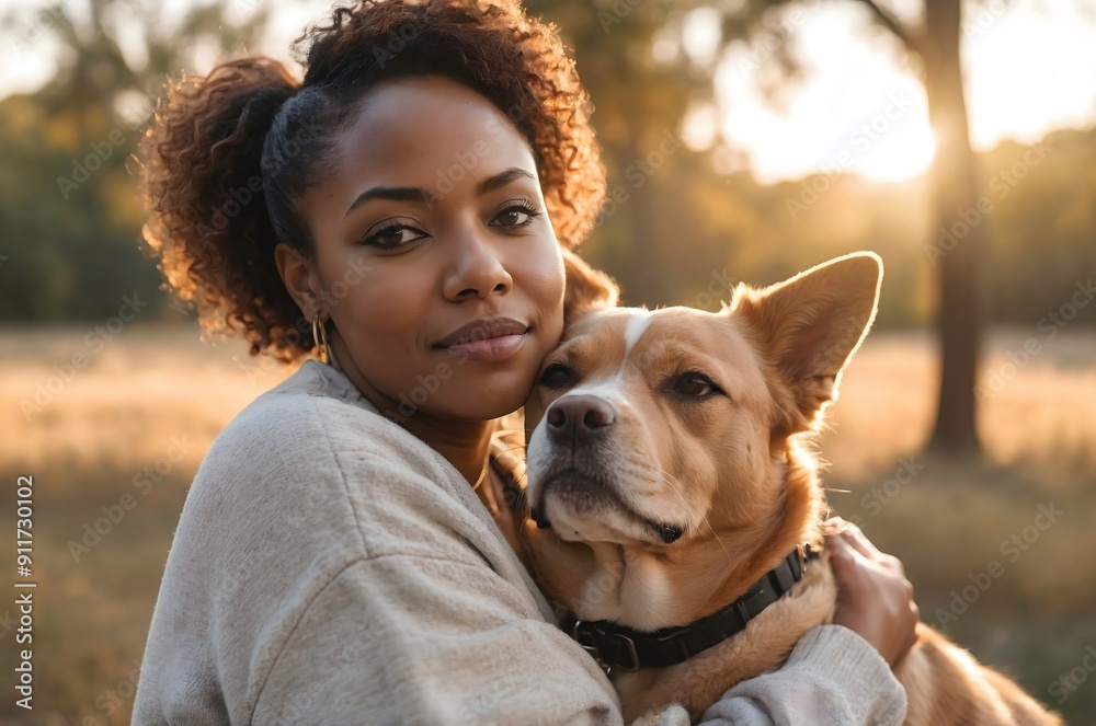 An African-American woman with a dog on the street in the park.. An African-American woman with a dog on the street in the park..