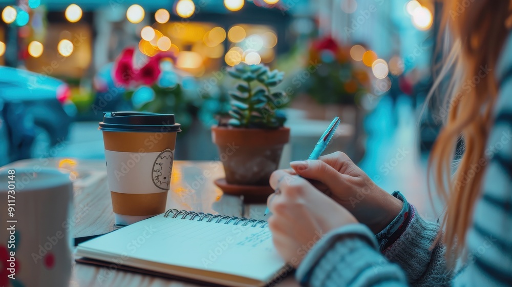 A young woman enjoys her time writing while sipping coffee at a vibrant café A young woman enjoys her time writing while sipping coffee at a vibrant café