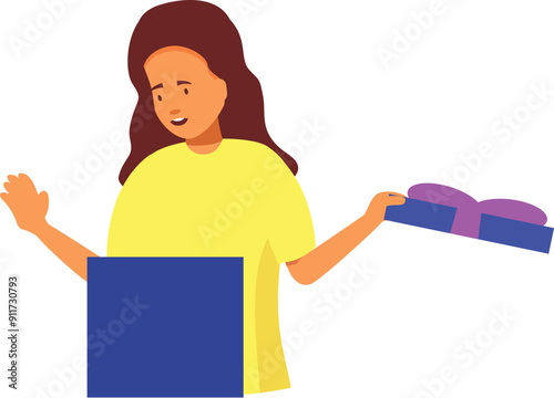 Young girl is opening a gift box while participating in a video call