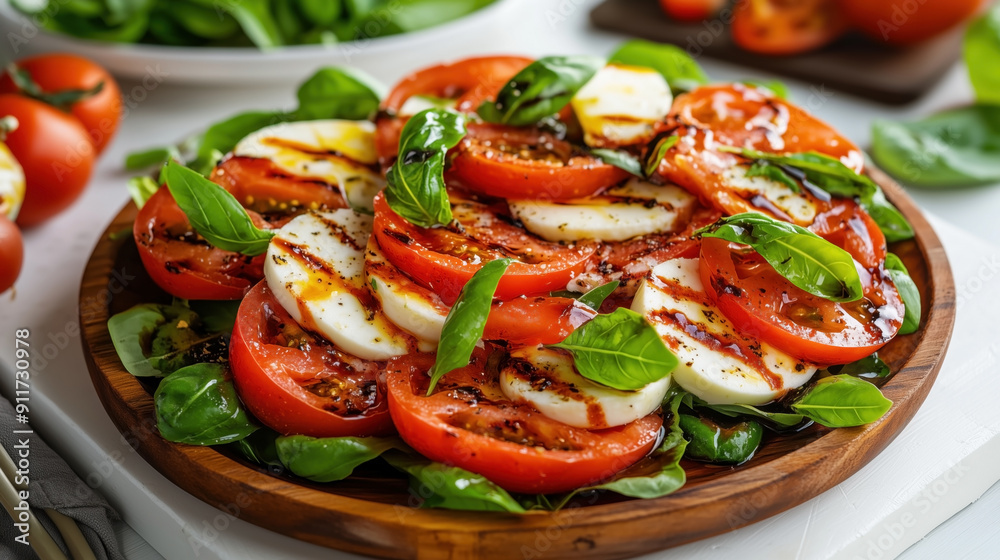 Traditional Italian food Caprese Salad with fresh mozzarella, ripe tomatoes, basil leaves, olive oil, and balsamic vinegar, presented on a wooden plate. Traditional Italian food Caprese Salad with fresh mozzarella, ripe tomatoes, basil leaves, olive oil, and balsamic vinegar, presented on a wooden plate.