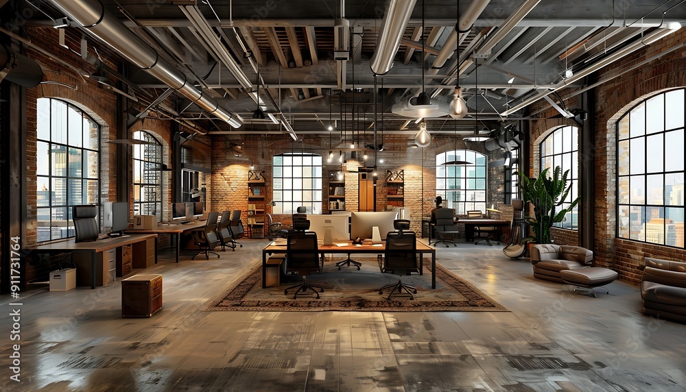 Interior of modern loft office with gray walls, concrete floor, rows of computer tables and chairs. Interior of modern loft office with gray walls, concrete floor, rows of computer tables and chairs.