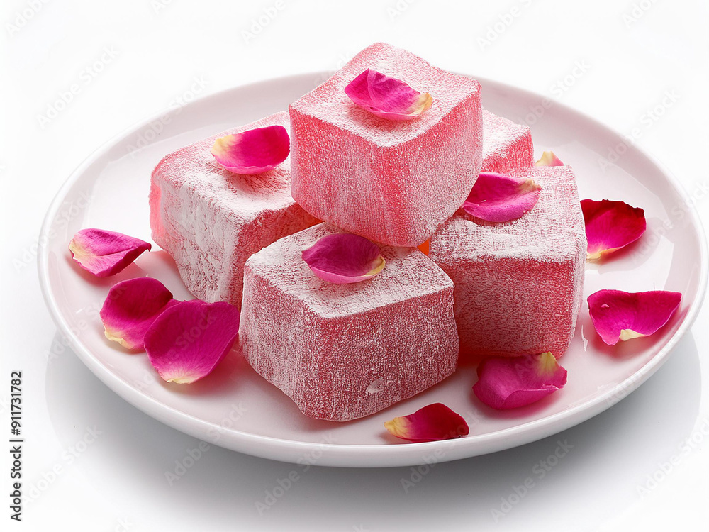 Turkish Delight with Rose Flavor and with rose petals on white background isolated, close up rose Turkish Delight.