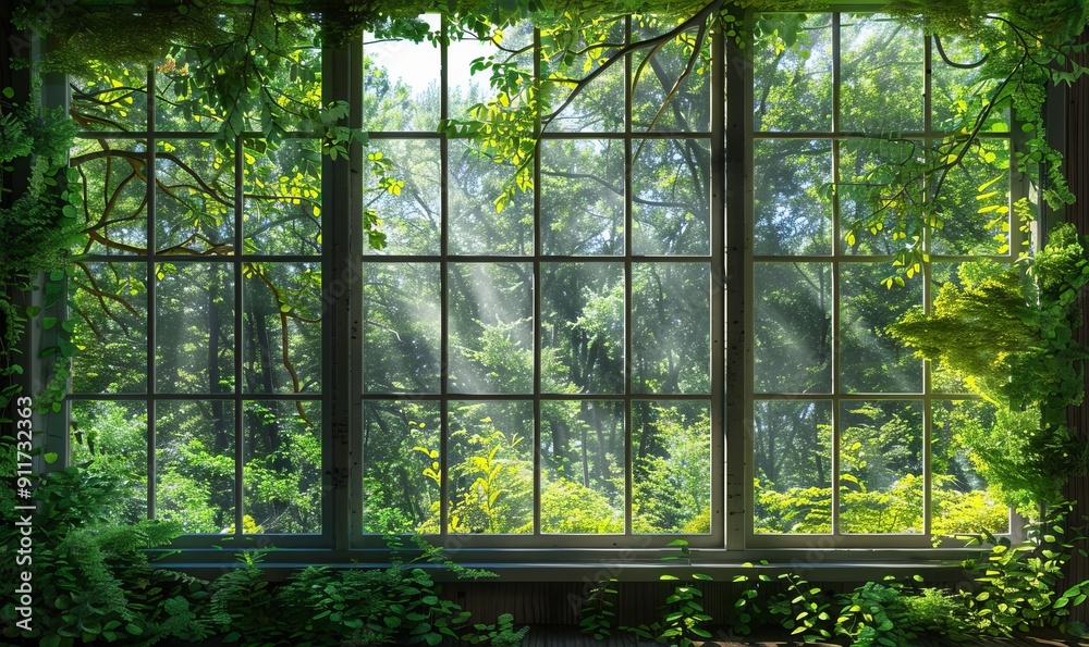 Forest view from the window, dense greenery and dappled sunlight, peaceful and refreshing Forest view from the window, dense greenery and dappled sunlight, peaceful and refreshing
