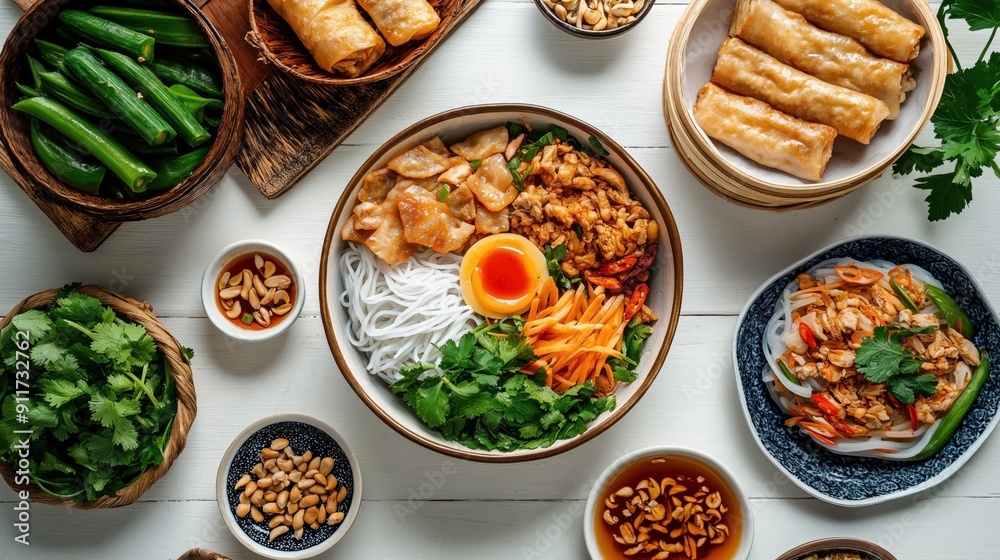 Traditional Vietnamese food Bun Thit Nuong. The dish features a bowl with rice vermicelli noodles, grilled pork, shredded carrots, cilantro, and a soft-boiled egg. Traditional Vietnamese food Bun Thit Nuong. The dish features a bowl with rice vermicelli noodles, grilled pork, shredded carrots, cilantro, and a soft-boiled egg.