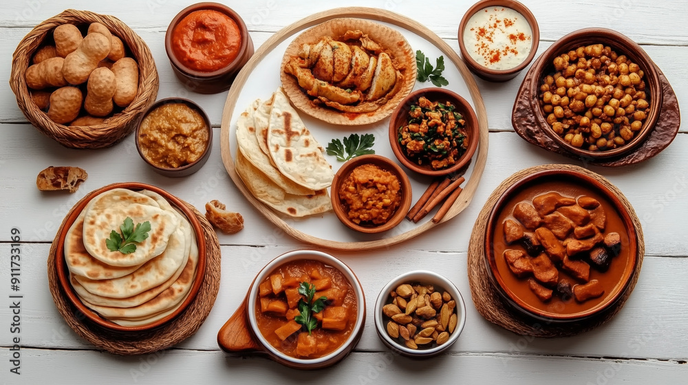 Traditional Indian food Thali Platter featuring naan, various curries, lentils, chickpeas, chutneys, and a variety of garnished dishes served in small bowls and plates. Traditional Indian food Thali Platter featuring naan, various curries, lentils, chickpeas, chutneys, and a variety of garnished dishes served in small bowls and plates.