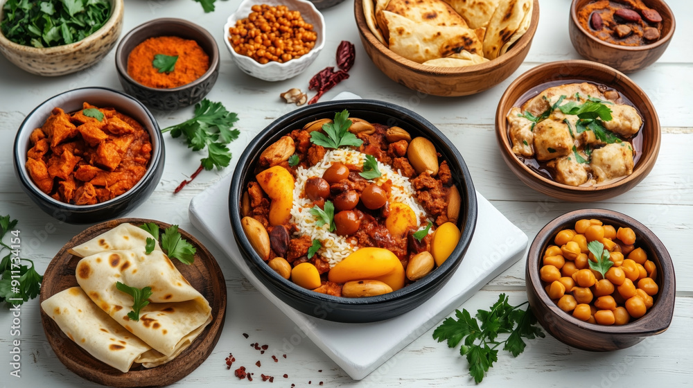 Traditional Indian food curry. The image shows a variety of dishes including a curry with rice and vegetables, naan bread, spicy chicken, chickpeas, and fresh herbs. Traditional Indian food curry. The image shows a variety of dishes including a curry with rice and vegetables, naan bread, spicy chicken, chickpeas, and fresh herbs.