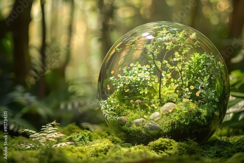 ethereal glass globe showcasing lush forest within vibrant greenery and delicate ecosystem details soft dreamy lighting emphasizes environmental themes