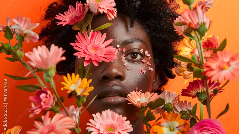 Portrait of a woman with natural hair framed by vivid flowers on an orange background Portrait of a woman with natural hair framed by vivid flowers on an orange background