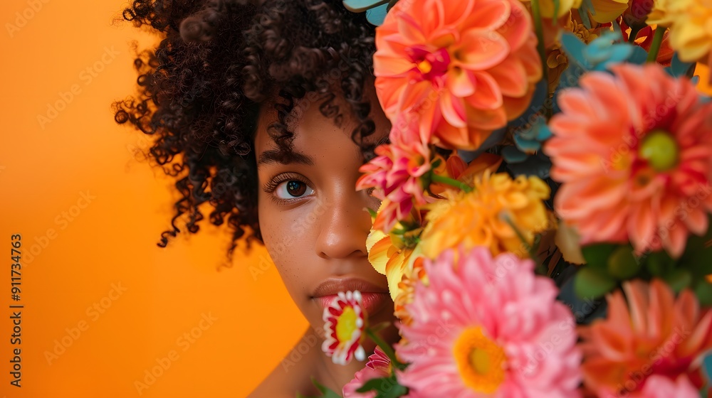 Portrait of a woman with natural hair framed by vivid flowers on an orange background Portrait of a woman with natural hair framed by vivid flowers on an orange background