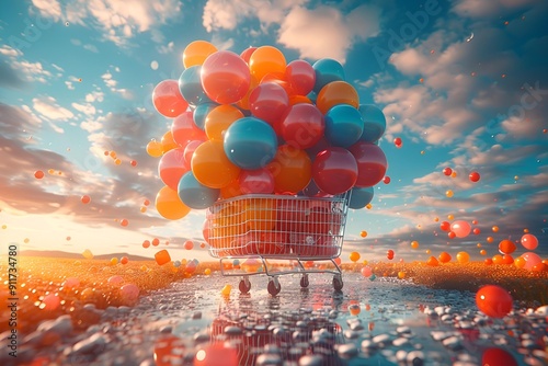 a shopping cart full of balloons. 