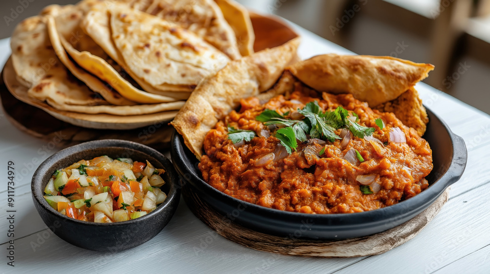 Traditional Indian food Pav Bhaji. It features a spicy vegetable mash garnished with cilantro, served with butter-toasted pav (bread rolls), and a side of chopped onions and tomatoes. Traditional Indian food Pav Bhaji. It features a spicy vegetable mash garnished with cilantro, served with butter-toasted pav (bread rolls), and a side of chopped onions and tomatoes.