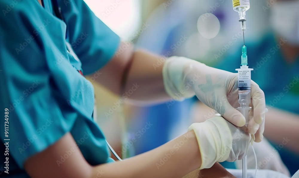 Nurse inserting IV into arm of patient in hospital, closeup Nurse inserting IV into arm of patient in hospital, closeup