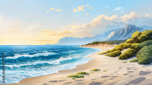 Golden Hour Serenity: A painted paradise where azure waves crash upon a sun-kissed shore, framed by majestic mountains and a tranquil sky. 