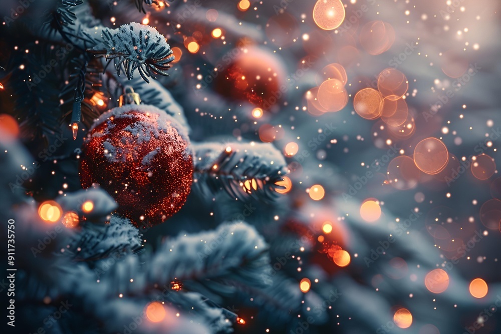 a close up of a tree branch with snow and ornaments. 