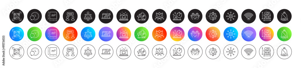 Medical staff, Timer and Ethics line icons. Round icon gradient buttons. Pack of Safe water, House dimension, Mute icon. Best manager, Energy price, Qr code pictogram. Vector Medical staff, Timer and Ethics line icons. Round icon gradient buttons. Pack of Safe water, House dimension, Mute icon. Best manager, Energy price, Qr code pictogram. Vector