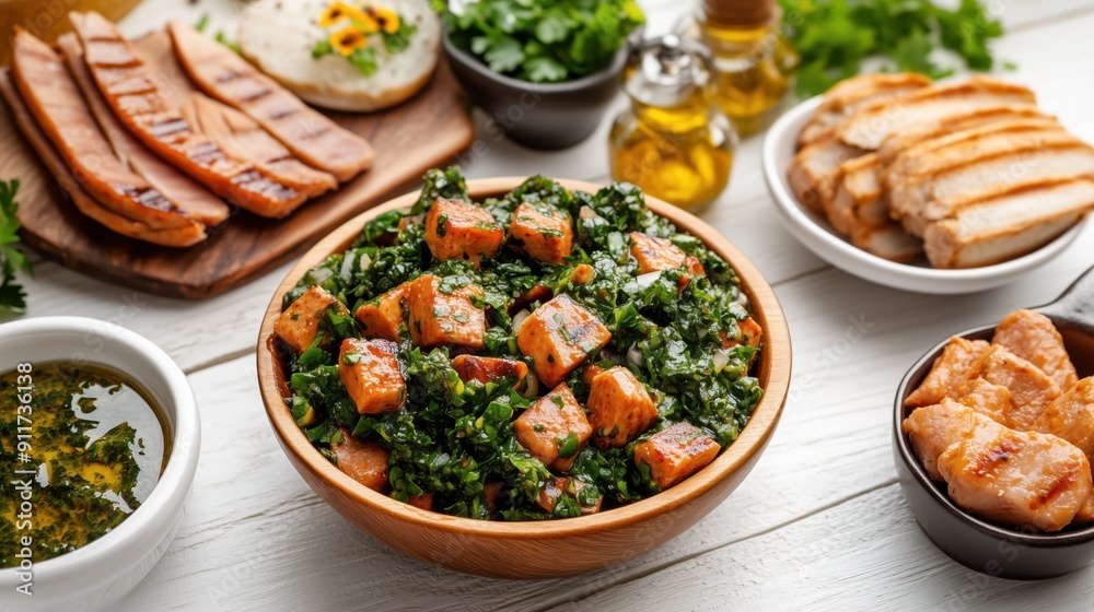 Traditional Brazilian food Torresmo. The image showcases fried pork belly cubes served in a wooden bowl with herbs, accompanied by sliced grilled meat, green sauce, and sides. Traditional Brazilian food Torresmo. The image showcases fried pork belly cubes served in a wooden bowl with herbs, accompanied by sliced grilled meat, green sauce, and sides.