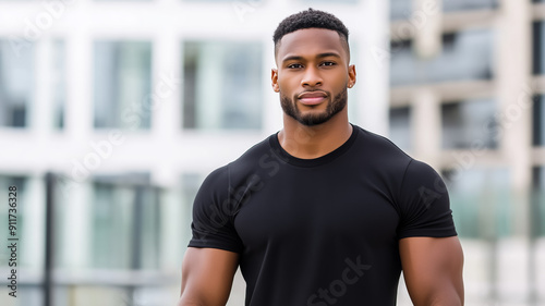 A handsome African American male model wearing an black t shirt modern city background empty space for text 