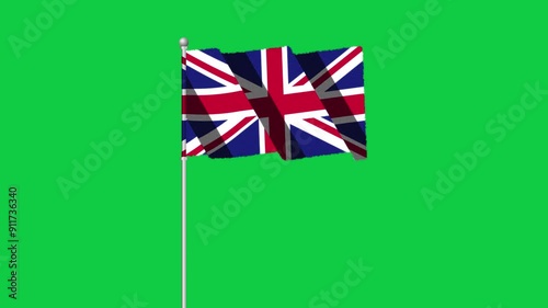 4K UNITED KINGDOM flag old animation with pole waving on chroma key green screen