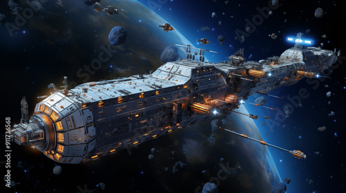 Advanced Space Battleship Navigating Through Asteroid Field in Orbit of a Distant Planet photo