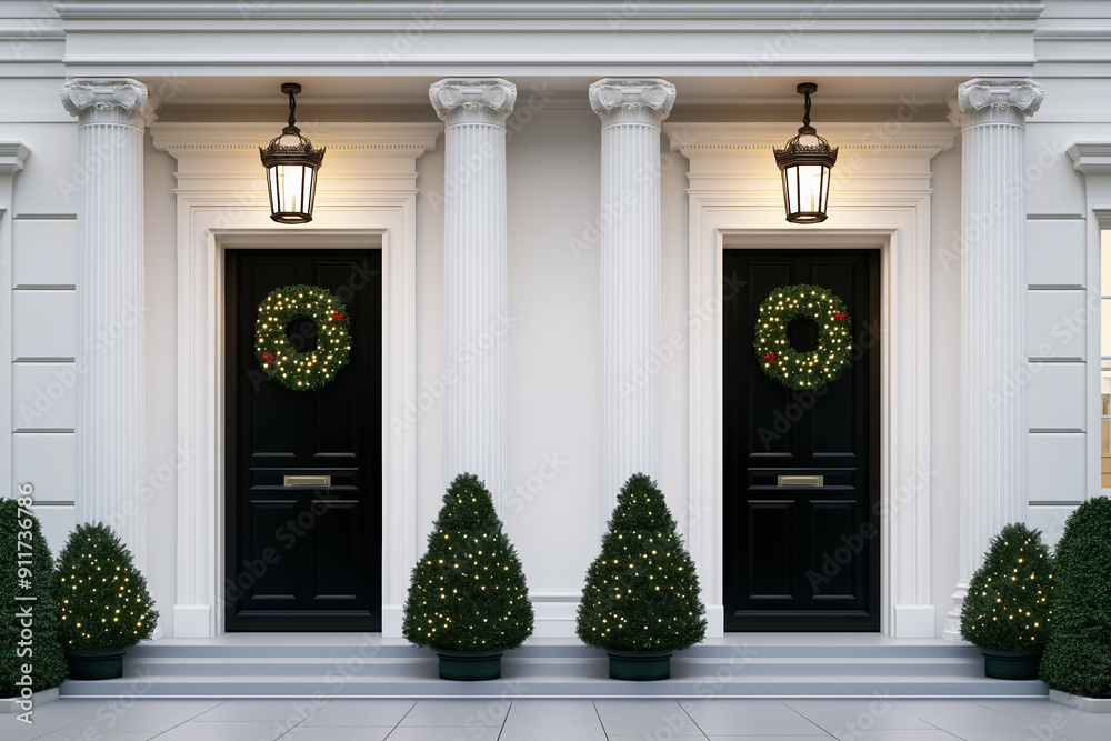 Fototapeta premium Elegant doors and windowsdecked out in Christmas holiday cheer 