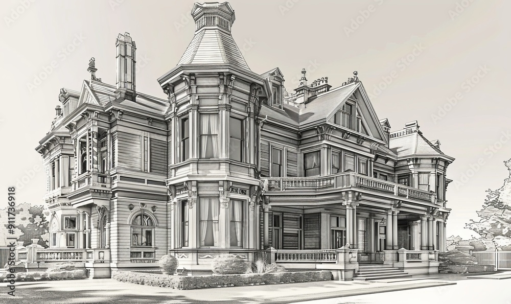Victorian mansion pencil sketch with elaborate architectural details
