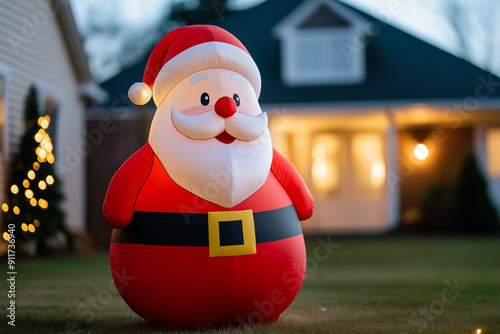 Inflatable Santa Claus in lit yard background with empty space for text 