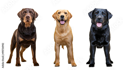  Collection of three happy standing labrador retriever dogs in different colours, yellow_1(49)