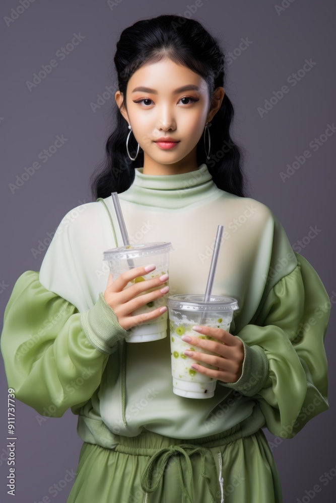 Asian. Girl holding bubble tea drink, green iced matcha. Melon shake. Avocado smoothie. Korean, Vietnamese, Chinese, Asian. Girl holding bubble tea drink, green iced matcha. Melon shake. Avocado smoothie. Korean, Vietnamese, Chinese,