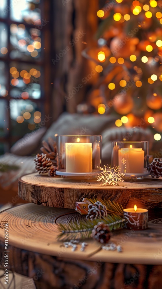 Wooden table, autumn decor, candles, warm ambiance, cozy Wooden table, autumn decor, candles, warm ambiance, cozy