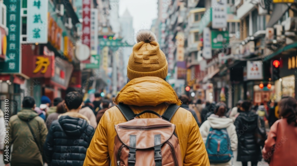 A person in a yellow jacket strolls through a bustling urban market filled with people
