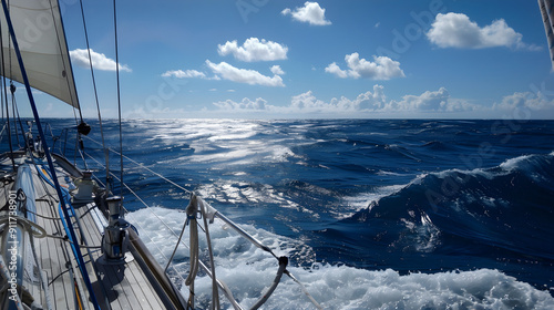 A sailboat glides across the open ocean under a clear blue sky, feeling the breeze.