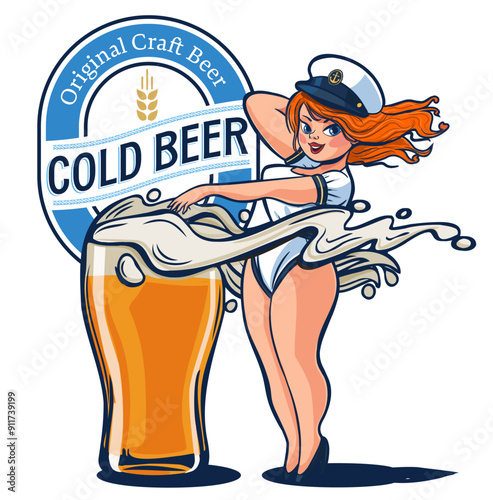 navy girl with beer and foam label illustration