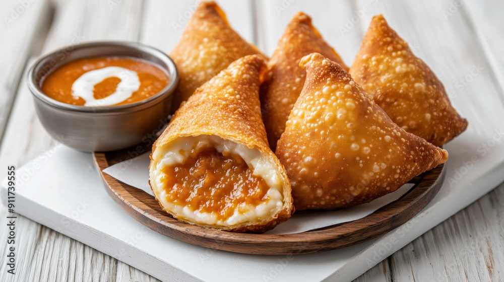 Traditional Brazilian food Pastel. Deep-fried pastries with creamy, orange filling, served with a dipping sauce. Traditional Brazilian food Pastel. Deep-fried pastries with creamy, orange filling, served with a dipping sauce.