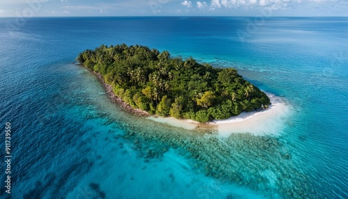 A deserted and unpopulated island in the middle of the blue ocean; private island that is for sale; landscape photography; blue and clear sea water or ocean