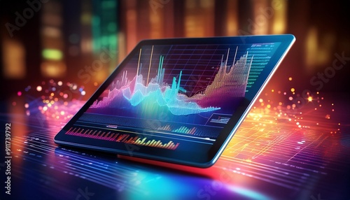 Digital tablet pc with line and bar graph and line graph; a tablet computer displaying colorful graphs; a tablet background with explosion of colors and blurred background; finance and economy