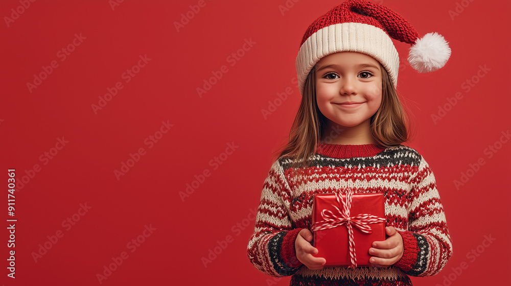 Little Girl in Santa Hat Holding Gift, Christmas Joy Little Girl in Santa Hat Holding Gift, Christmas Joy