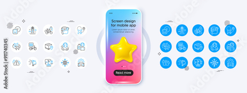 Baggage, Logistics network and Parcel tracking line icons. Phone mockup with 3d star icon. Pack of Food delivery, Rent car, Supply chain icon. Bicycle lockers, Airplane, Warning pictogram. Vector