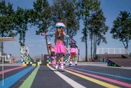 Children roller skating at the Rollerdrome on a sunny summer day photo