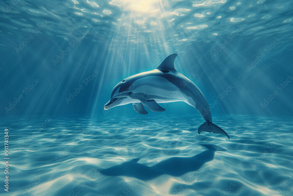 Fototapeta premium Dolphin's Dance in Heavenly Light: A majestic dolphin glides through sunlit waters, its silhouette dancing on the ocean floor, in this captivating portrait of marine grace.
