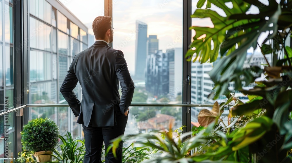A man in a suit looks out at the urban skyline while surrounded by plants in a stylish office A man in a suit looks out at the urban skyline while surrounded by plants in a stylish office
