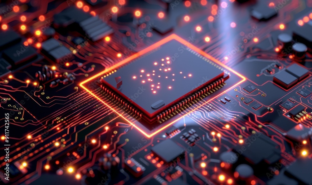 Image Technology Concept with picture symbol on a Microchip. White Neon Data flows between the CPU and the User across a Futuristic Motherboard. Image Technology Concept with picture symbol on a Microchip. White Neon Data flows between the CPU and the User across a Futuristic Motherboard.