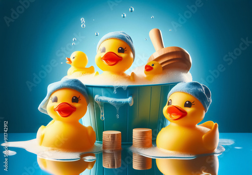 gelbe Quietsch Enten beim Baden