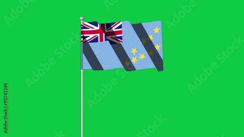 4K TUVALU flag old animation with pole waving on chroma key green screen