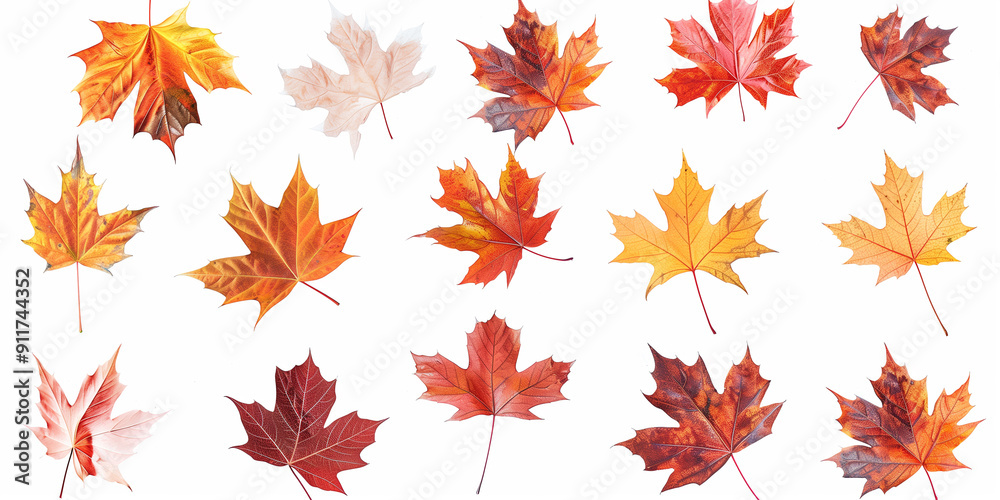 A set of maple leaves in autumn colors, red, yellow, orange, on a white background. A set of maple leaves in autumn colors, red, yellow, orange, on a white background.