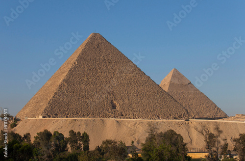 Two pyramids against blue sky in Giza, Egypt