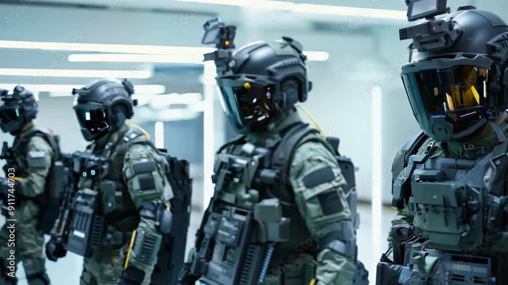 Soldiers with High-Tech Armor - Soldiers wear body armor equipped with communications and CCTV systems inside helmets. Soldiers with High-Tech Armor - Soldiers wear body armor equipped with communications and CCTV systems inside helmets.