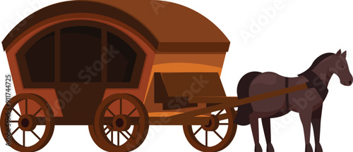 Horse standing still harnessed to covered wagon on white background